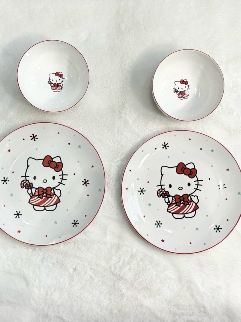Hello Kitty White & Red Ceramic Dinner Set - 4pc Cute Character Plates & Bowls